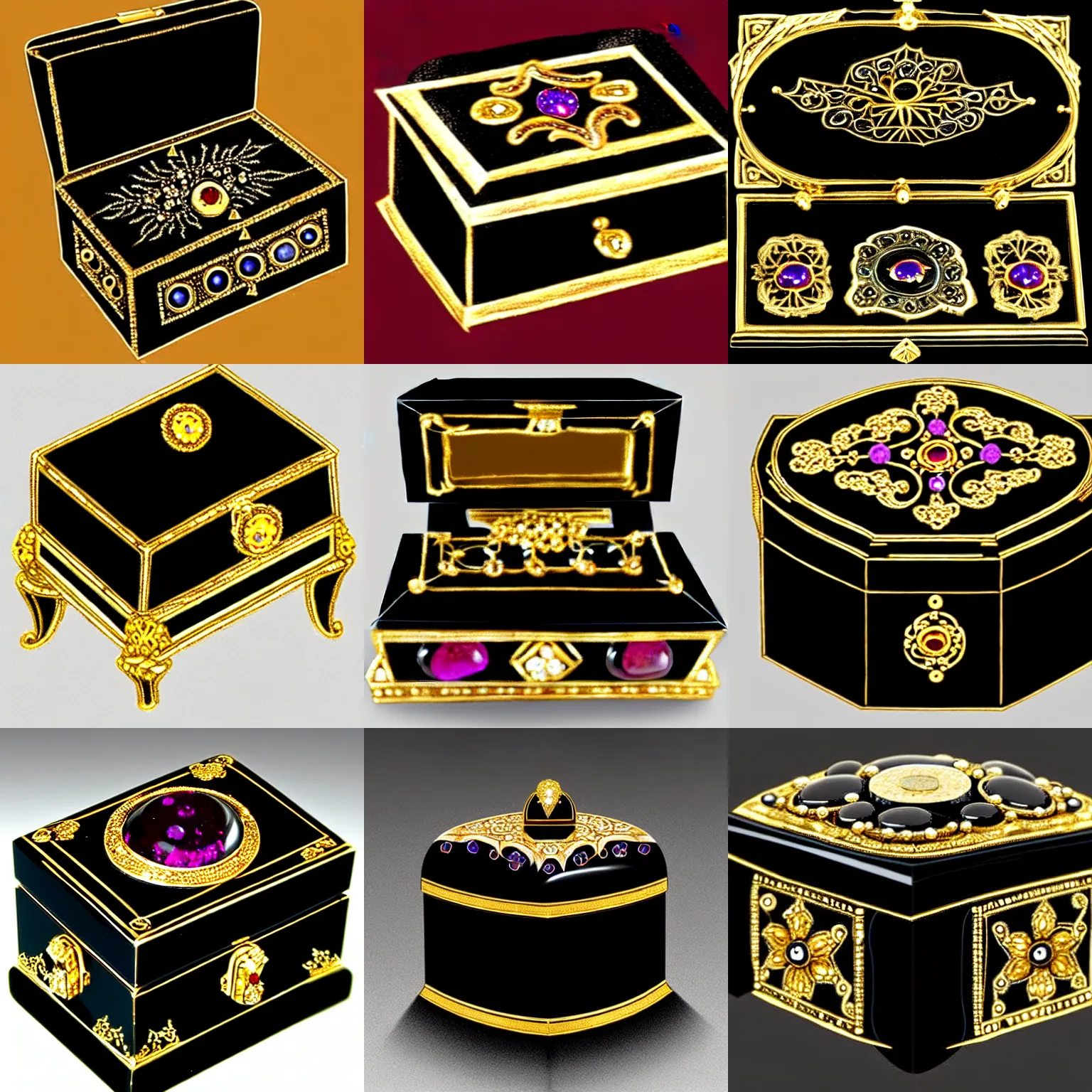 Prompt: a small, black, magical box, made of polished onyx stone. it has intricate golden mechanisms, including glowing rubies, topazes, sapphires, and amethysts. drawn in a fantasy style.