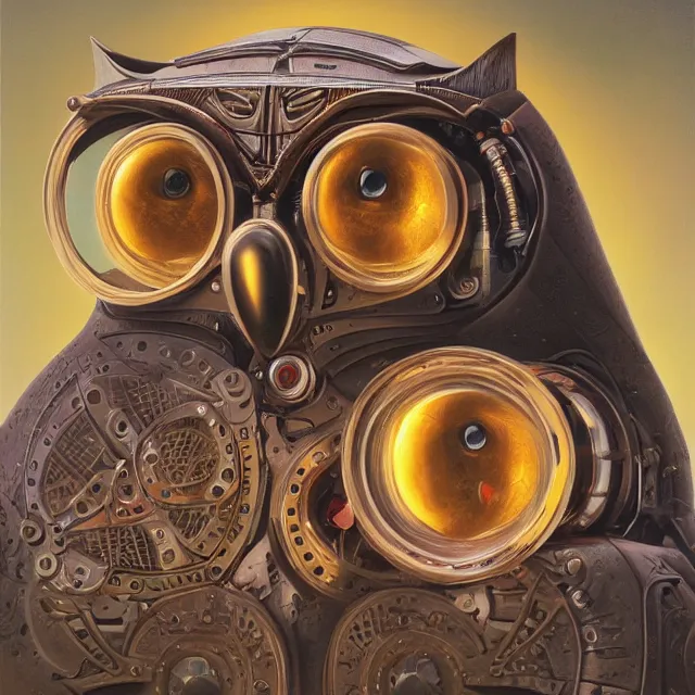 Prompt: perfectly centered portrait, front view of a biomechanical robot owl wearing glasses, moonbird, symmetrical, concept art, intricate detail, volumetric shadows and lighting, realistic oil painting by tim hildebrandt,