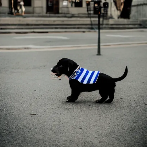 Image similar to a cute puppy wearing a policeman uniform, Canon EOS R3, f/1.4, ISO 200, 1/160s, 8K, RAW, unedited, symmetrical balance, in-frame