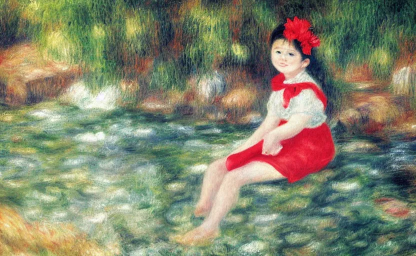 Prompt: 7 years old rina playing with the water, wearing white cloths, and a red bow in her hair, sitting by the side of a creek, in the painting style of renoir, 8 k, detailed, tele photo lens, rule of thirds