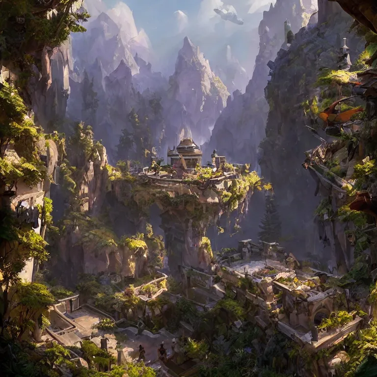 Prompt: secret overwatch headquarters carved inside a mountain surrounding a lush garden, trimmed, magical, natural light, fantasy, architecture, sharp focus, concept art, by greg rutkowski and craig mullins, atmospheric, octane render