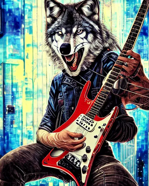 Prompt: a portrait of an anthropomorphic cyberpunk wolf shredding an electric guitar by sandra chevrier, by jon foster, detailed render, tape deck, epic composition, cybernetics, 4 k realistic, cryengine, realistic shaded lighting, sharp focus, masterpiece, by enki bilal