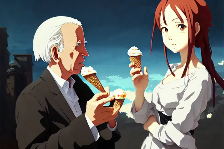 Image similar to baroque oil painting of anime key visual environment concept art of anime girl as joe biden, eating ice cream, brutalist, dark fantasy, rule of thirds, fake hidden detail, trending on pixiv fanbox, acrylic palette knife and brush, style of makoto shinkai studio ghibli genshin impact jamie wyeth james gilleard greg rutkowski