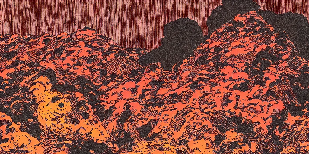 Prompt: a close - up grainy risograph, matte painting of a scene from the terminator doomsday atomic explosion by moebius and lehr paul