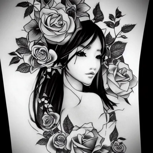 Image similar to tattoo design, stencil, tattoo sleeve, beautiful japanese girls face, roses and ivy surrounding by artgerm, artgerm, cat girl, anime