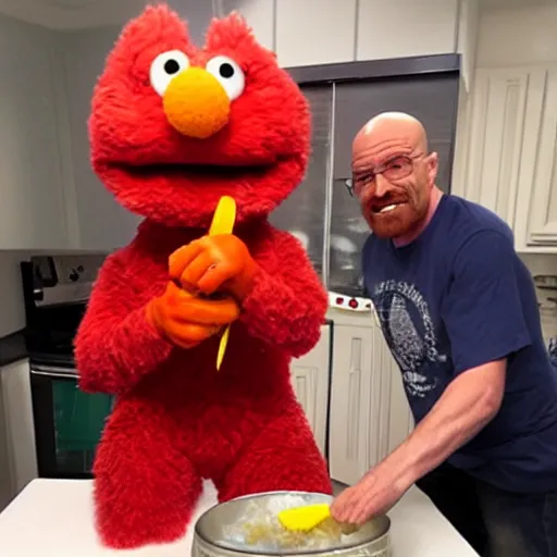 Prompt: Walter White cooking crystals with Elmo