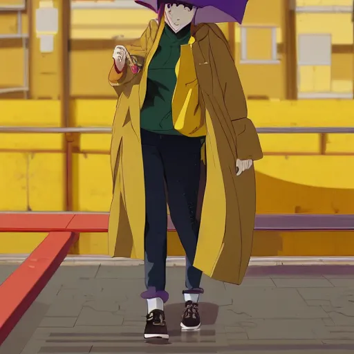 Prompt: girl wearing massive yellow raincoat, face obscured by cowl, smug grin, grin, yellow raincoat, cel - shading, 2 0 0 1 anime, flcl, jet set radio future, sunset, golden hour, japanese town, industrial park, cel - shaded, jsrf, strong shadows, vivid hues, y 2 k aesthetic