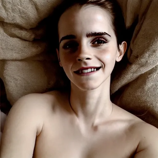 Image similar to emma watson in bed, comfy, with a little white blanket, bare shoulders, freckles, no makeup, no filter, natural skin, messy hair, sleepy, smiling sheepishly