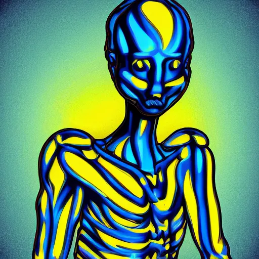 Image similar to human man that resembles a wasp morh in surreal sketch style, blue and yellow gradient, noise, ultrafine detail, hd 8k, logo illustration