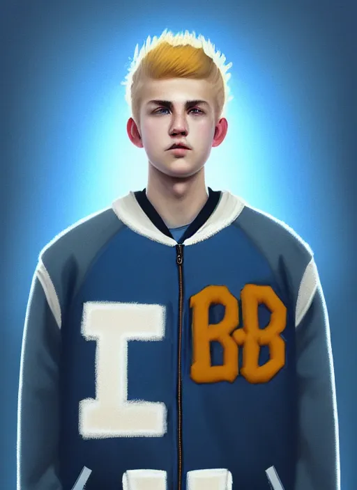 Image similar to portrait of high school senior boy named big moose, blonde short hair, jock, beefy, wide face, square jaw, square facial structure, blue varsity jacket with letter r, intricate, elegant, glowing lights, highly detailed, digital painting, artstation, concept art, sharp focus, illustration, art by wlop, mars ravelo and greg rutkowski