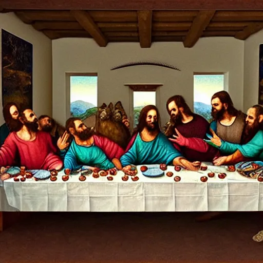 Image similar to a beautiful mixed mediart of the last supper, with jesus and his disciples replaced by various animals. the mixed mediart is set in a forest, with a deer at the head of the table and a squirrel and rabbit to either side. 4 k resolution by joel rea, by eddie mendoza offhand, a e s t h e t i c