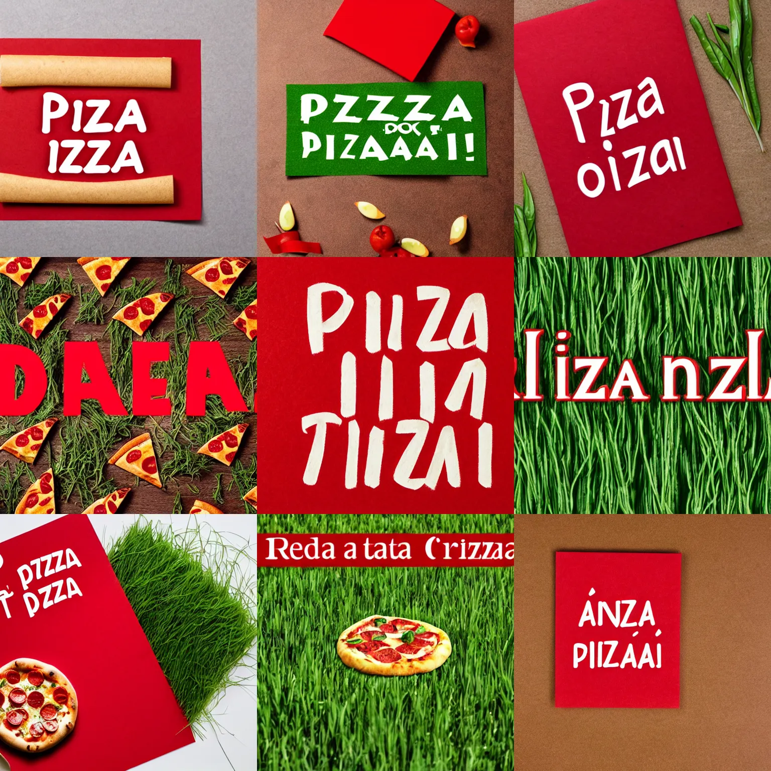 Prompt: a red paper with a stylized text font saying pizza made out of grass