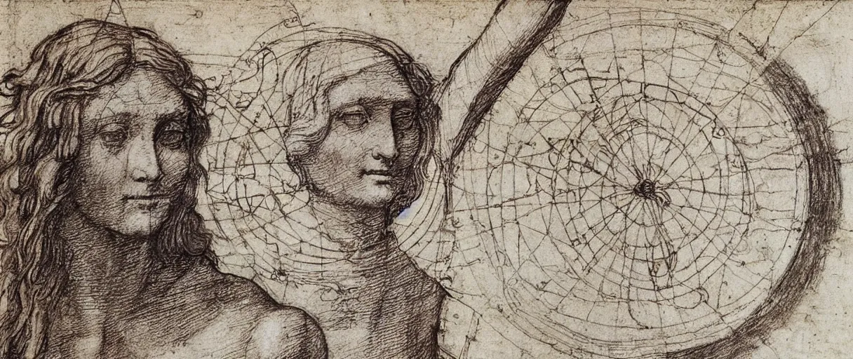 Image similar to a leonardo davinci sketch of a vitruvian person wearing a device that amplifies their creativity