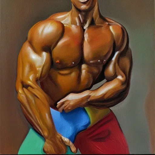 Image similar to an oil painting in the style of albert beirstadt, a bodybuilding frog