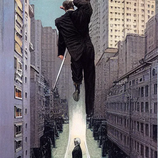 Image similar to immense, majestic, surreal, terrifying joe biden crushing buildings under his heel in streets of art deco city, perfectly clear face, by j. c. leyendecker and beksinski