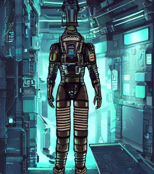 Prompt: cyberpunk engineer with long limbs and a black spacesuit on a spacewalk, dead space, Industrial Scifi, detailed illustration, character portrait, by Martin Grip and Moebius