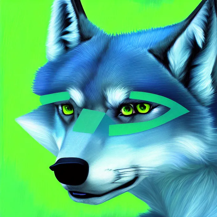 Prompt: a digital painting of a blue anthropomorphic female wolf fursona wearing a green dress, symmetry, focus, furry art, soft lighting, oil on canvas, hyper detailed