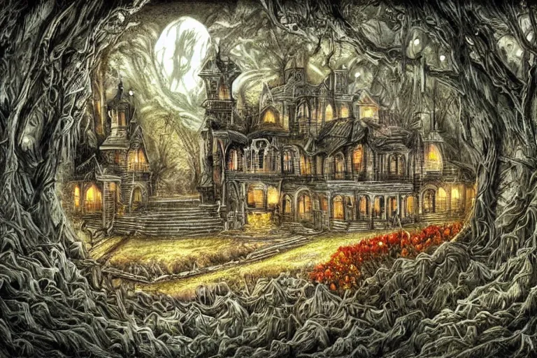 Image similar to the most horrifing and beautiful place on earth, drawn, painting, detailed