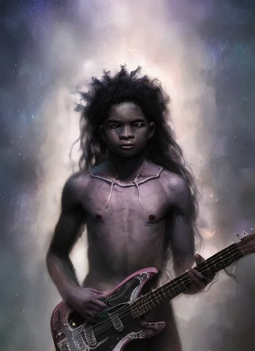 Image similar to fantasy changeling black kid with long curly hair playing electric guitar, between worlds, dim light, front game card, marvel comics, dark, intricate, highly detailed, smooth, artstation, digital illustration by ruan jia and mandy jurgens and artgerm and wayne barlowe and greg rutkowski and zdislav beksinski