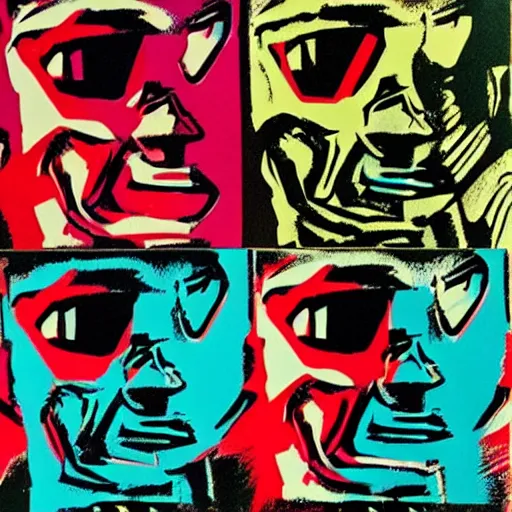 Image similar to silkscreen and lithography to create colorful cyborgs in the style of andy warhol