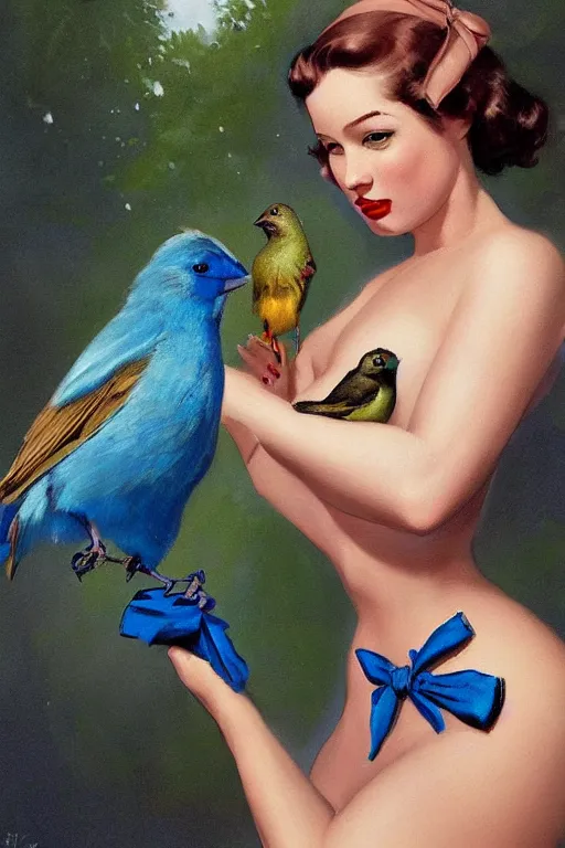 Image similar to hyper realistic painting, tasteful pinup girl holding an indigo bunting, bird, the bird is wearing a bowtie, by greg rutkowski, rossdraws, gil elvgren, enoch bolles, anime, porcelain skin, glistening, very coherent,