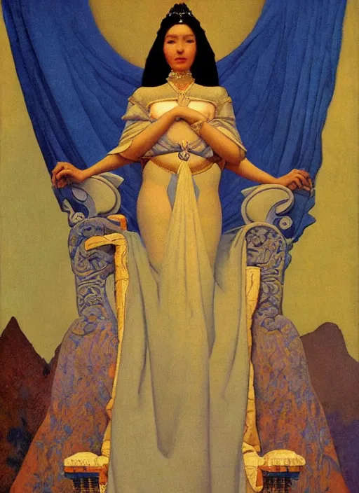 Image similar to an oil painting a queen with dark hair and white fair skin standing on a throne by maxfield parrish, by nicholas roerich, highly detailed, realistic, realism, oil painting, 1 9 th