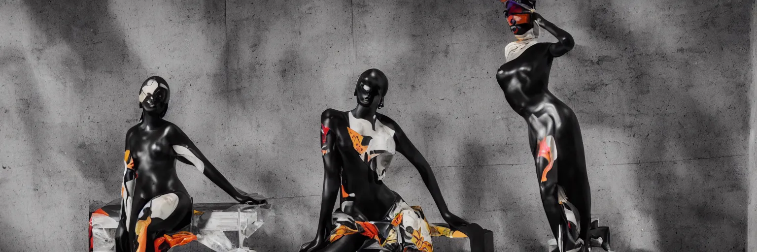 Image similar to very very beautiful dark black marble statue of a beautiful woman with colorful motocross logos on the wall behinder in the background in the style of virgil abloh, dark soft lighting, cinematic, detailed, off white, heron preston, 8 k, 4 k, detailed, beautiful, symmetrical, vogue, editorial, fashion, magazine, museum lighting, night time, dark