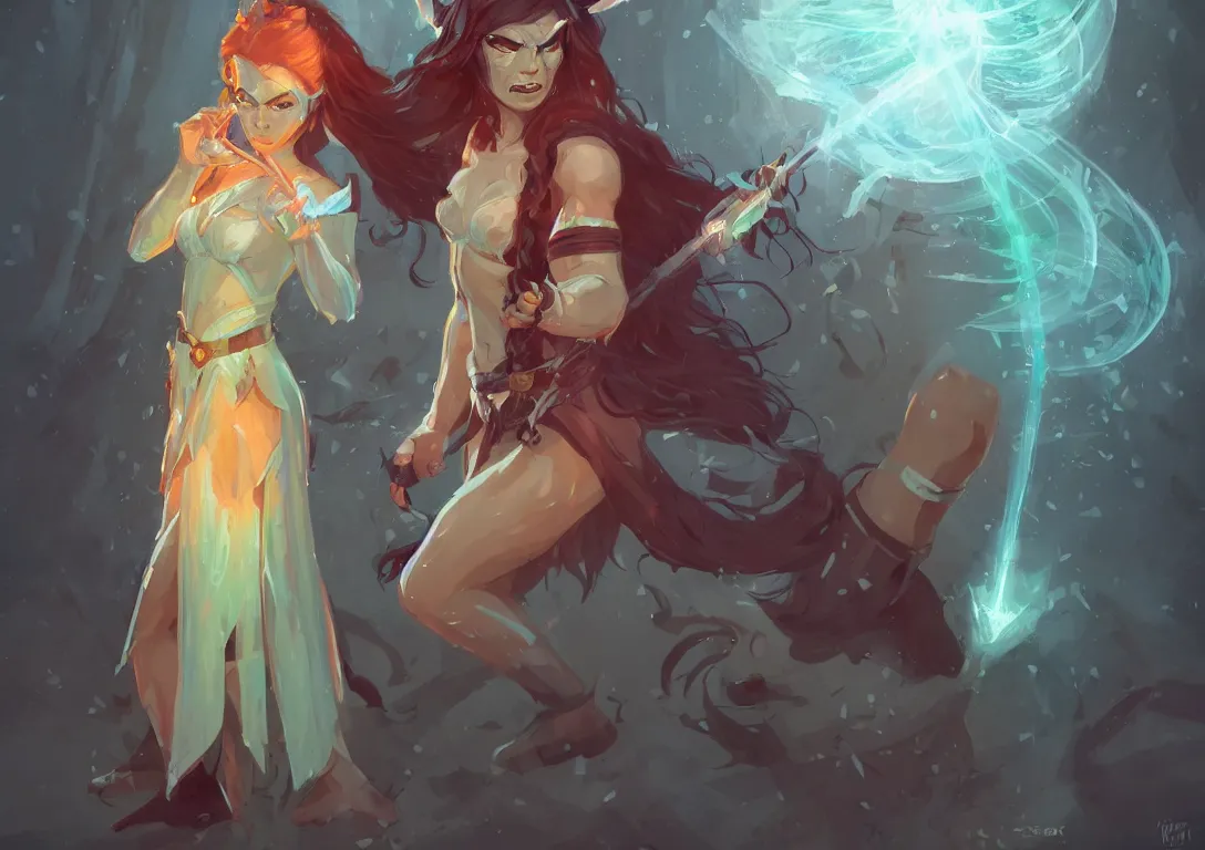 Prompt: half orc half elf woman, beautiful face and small orc tusks, ginger long hair that goes to the floor, holding a glowing diamond, tropical mage dress with high slit, several layers of fabric, character concept art, by ilya kuvshinov, krenz cushart, Greg Rutkowski, trending on pixiv