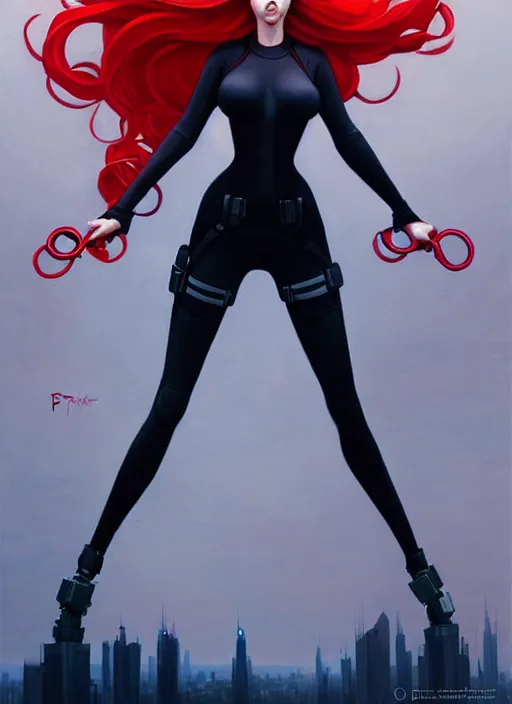 Image similar to peter mohrbacher, phil noto, pretty scarlett johansson black widow, symmetrical eyes, long red hair, full body, city rooftop