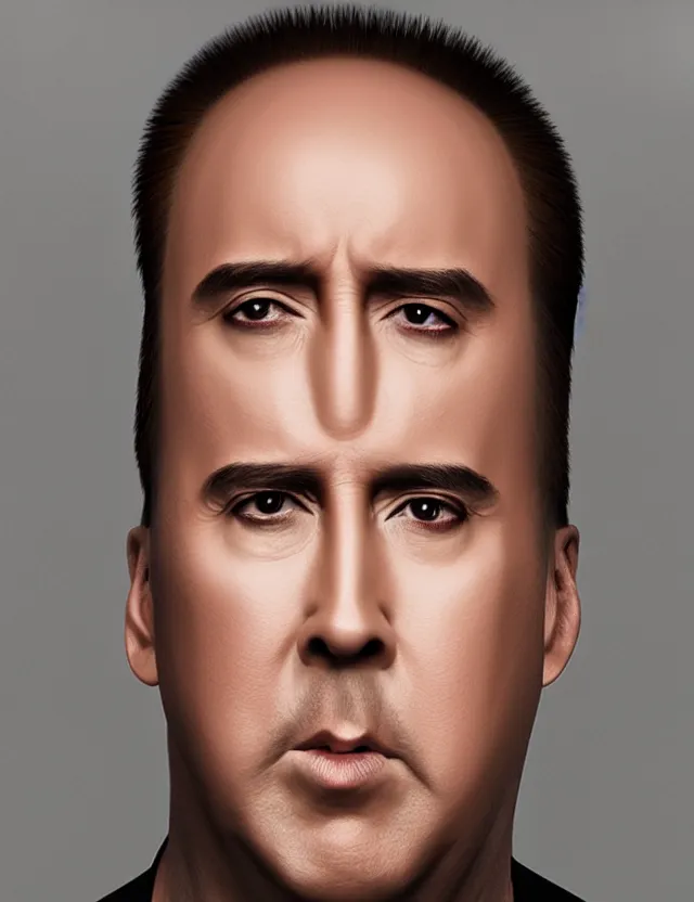 Image similar to portrait of bald nicolas cage neutral expression face straight on headshot even lighting no hair