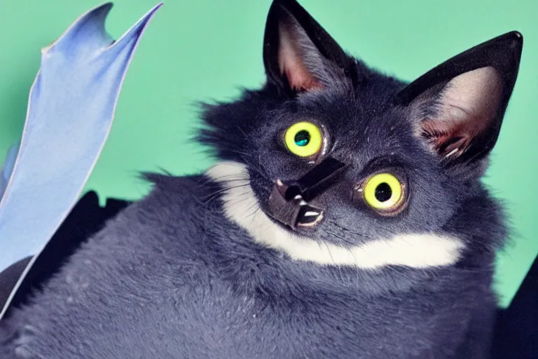 Image similar to a blue - and - black male catbat fursona with blue / green heterochromatic eyes ( differently - colored eyes, one green, one blue ) and huge bat ears, photo of the catbat streaming on his computer