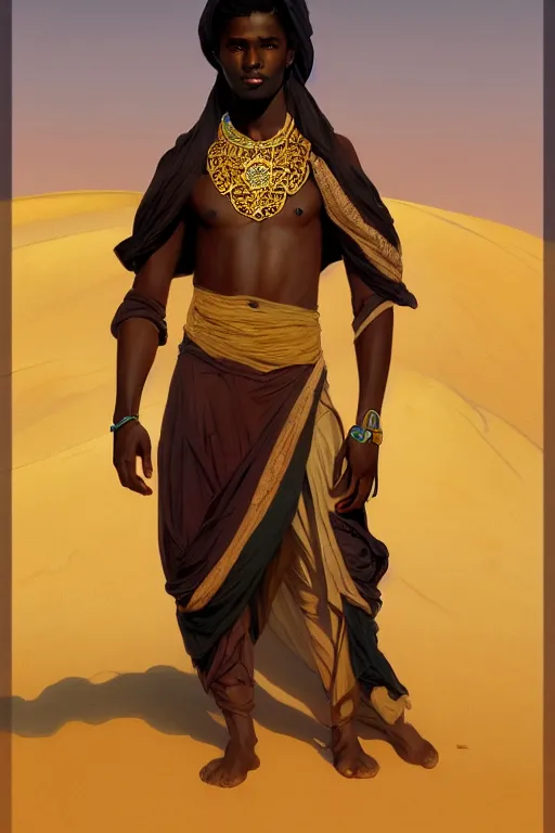 Image similar to full figure beautiful young fit dark skin man, covered in multicolored arabian fluent clothes, luminous scene, by greg rutkowski and alphonse mucha, d & d character, gradient white to gold, in front of a dune desert background, highly detailed portrait, digital painting, artstation, concept art, smooth, sharp focus illustration, artstation hq