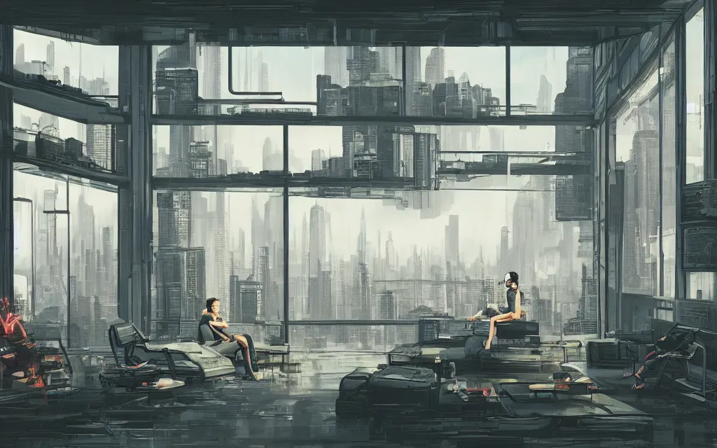 Image similar to cyberpunk loft lounge with tall windows without people with city in background, drawn by feng zhu