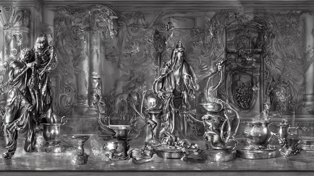 Prompt: freemason hall, silver snakes, statues with rubin eyes holding cup filled with blood, small waterfalls, cgsociety,