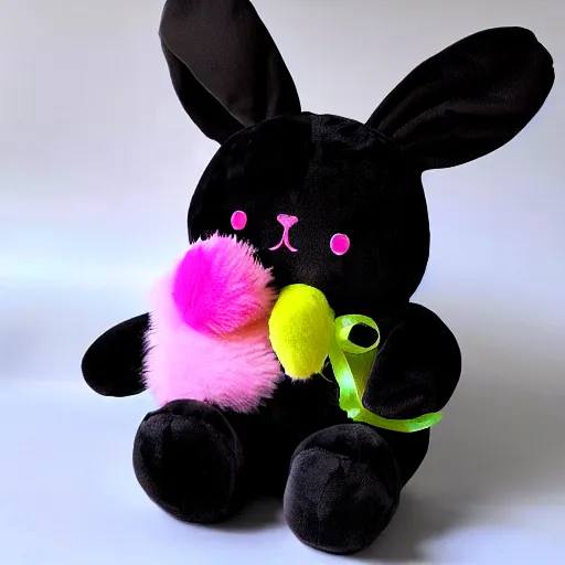 Prompt: single plush stuffed animal bunny, soft fabric, marketing, bright, colorful, void, slightly off, kawaii, creepy, dark color, kids toy