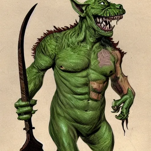 Image similar to dog - faced muscular goblin, ugly face, lizard tail, holding scimitar made of bone, scimitar, sword, jagged sword, curved sword, orkish sword, colorized, green skin, hyper - detailed, primeval fantasy, prehistoric fantasy, drawn by frank frazetta