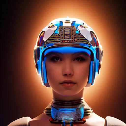 Prompt: centered medium shot fine studio photograph of a young woman wearing only a futuristic mecha Mayan helmet with bright lights, ultra-realistic, white background, 8k HDR, intricate