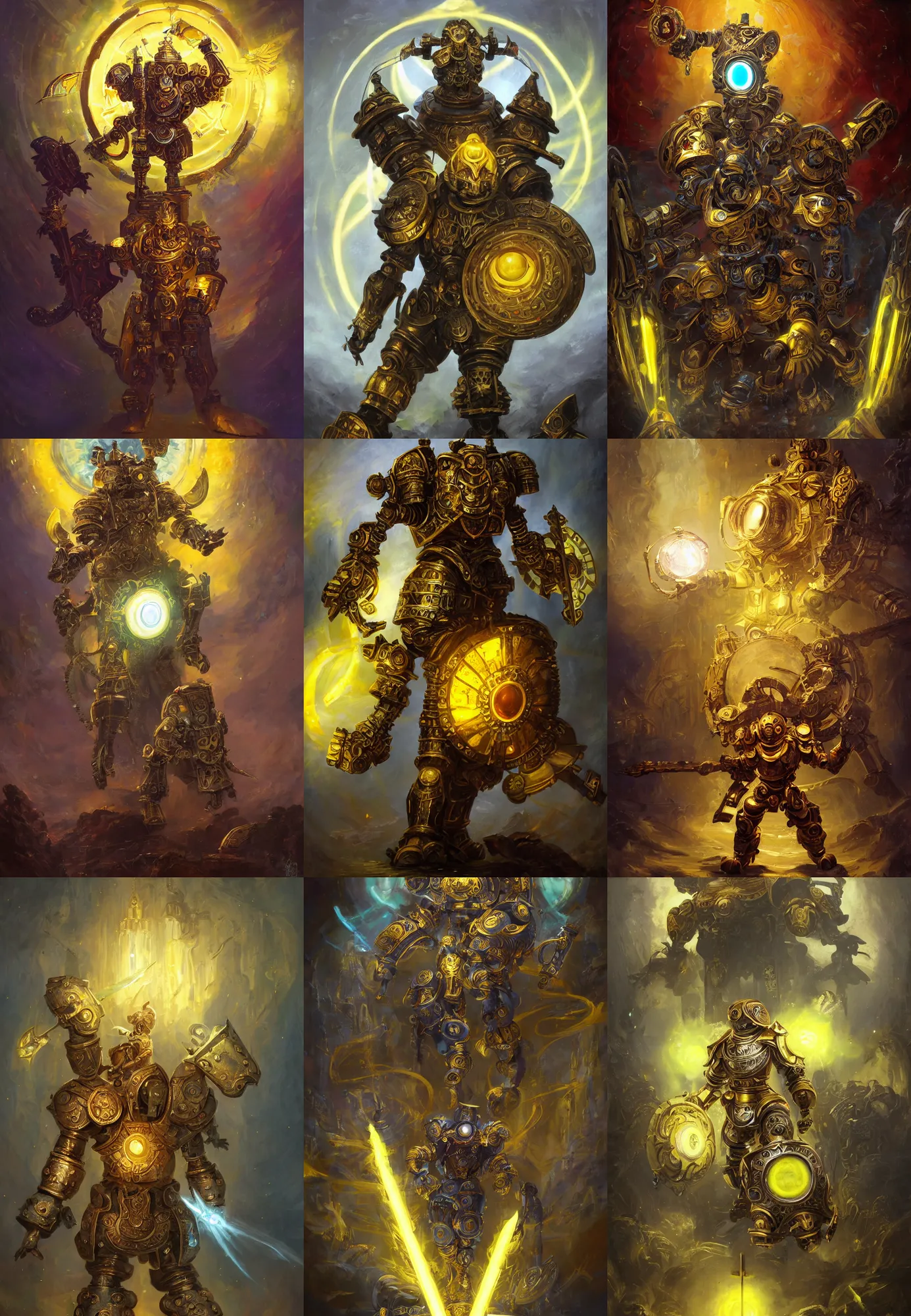 Prompt: full body, attack position abstract painting in lush fantasy environment of a ornate holy mechanical warforged with circular glowing eye, character in yellow armor holding a legendary paladin engraved holy great longsword and carrying a huge heavy paladin shield, vertically flat head, face in focus, epic , trending on ArtStation, masterpiece, cinematic lighting, by Delphin Enjolras and by Ruan Jia