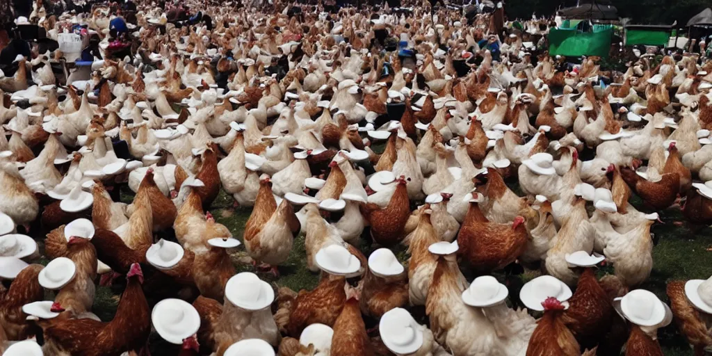 Prompt: music festival full of white chicken with hats and drinks. only chicken, no humans. fowl festival.