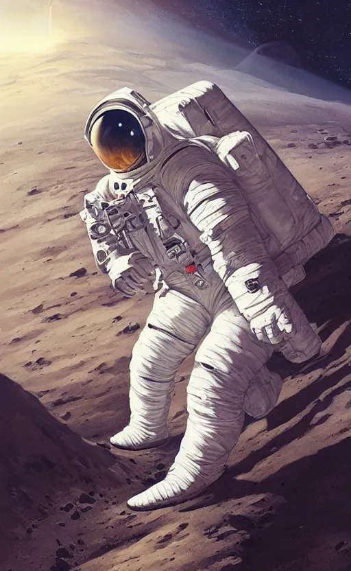 Prompt: a beautiful artwork half-body portrait of an astronaut on the moon, by greg rutkowski and jesper ejsing and raymond swanland, featured on artstation, wide angle, vertical orientation