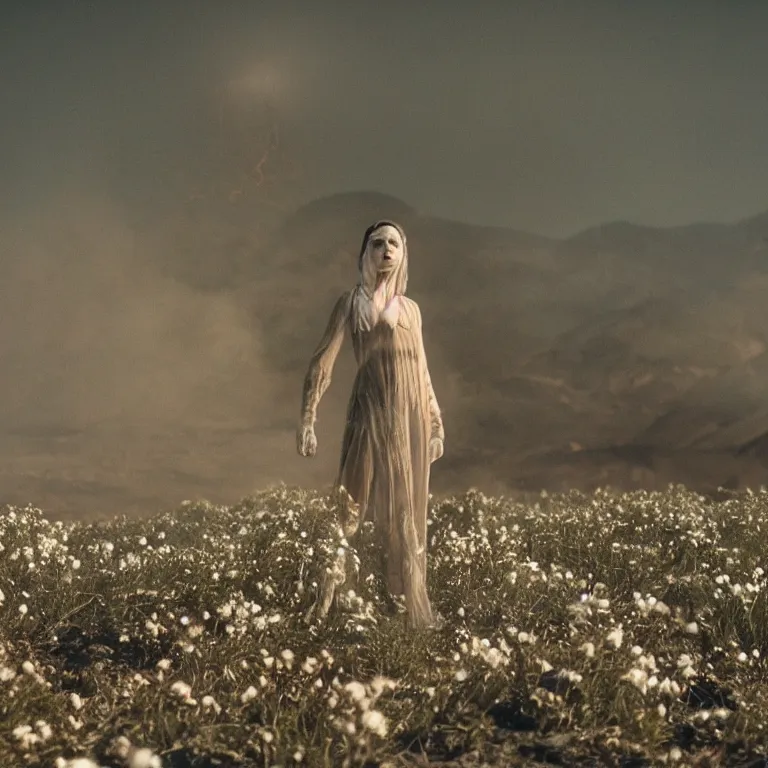 Image similar to The full body shot of beautiful pale woman with many flowers and full-face black mask with glowing halo, a thick black smoke in rocky desert landscape, glowing eyes, falling star on the background, burning earth by Christopher Doyle, Gaspar Noe, Tarkovsky, Alejandro Jodorowsky, anamorphic lens, cinematic composition, award winning photo, 8k