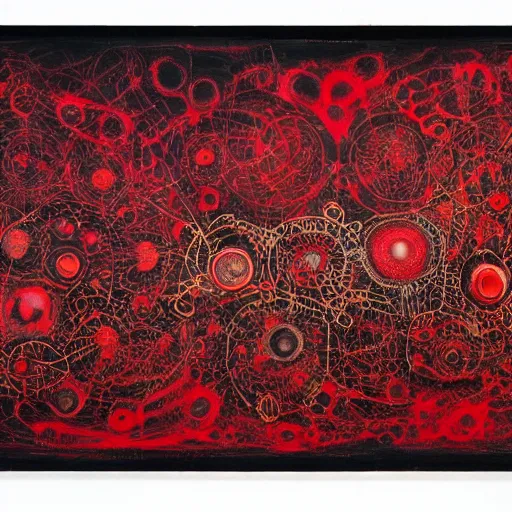 Image similar to a black and red crimson biomechanical talisman of eternal knowledge, aurora borealis, eclipse by maggi mcdonald, jackson pollock, mark rothko, sabina klein