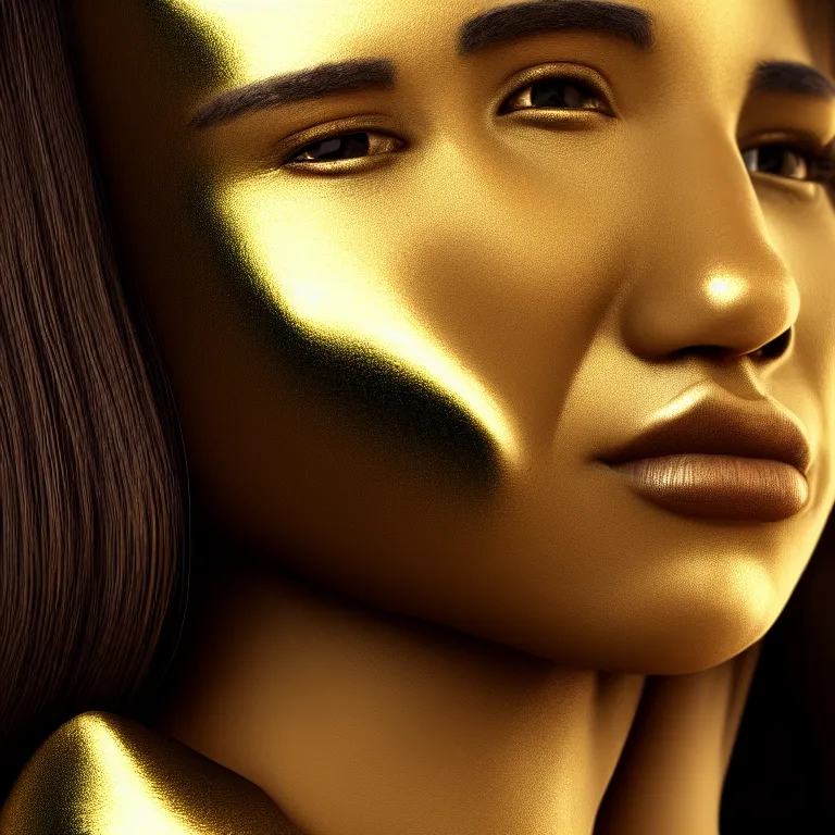 Image similar to a wonderful woman with half face black and half gold, detailed realistic, cinematic, octane rendered