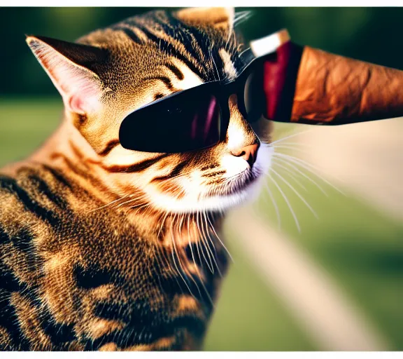 Prompt: 5 5 mm portrait photo of a cat as admiral in military outfit and sunglasses and smoking a cigar, in a park. soft light. sony a 7 r iv