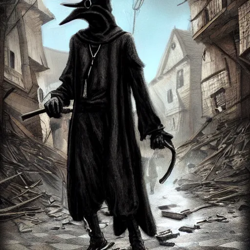 Prompt: plague doctor walking through a town ravaged by plague, dark, creepy, death, disease, hyperdetailed, concept art, artstation