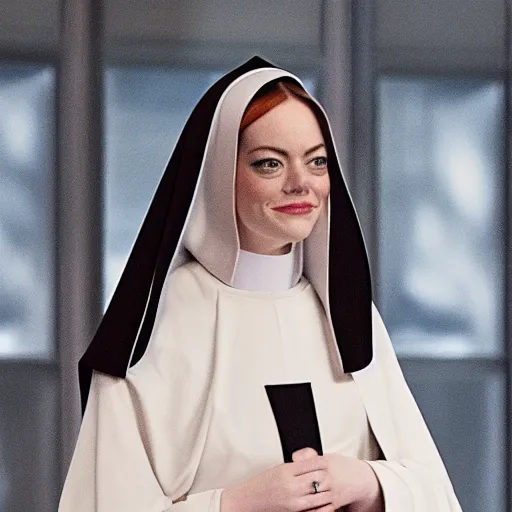 Prompt: A full body shot of Emma Stone wearing a nun dress , royality, high quality, fully detailed, 4k, in focus, detailed eyes