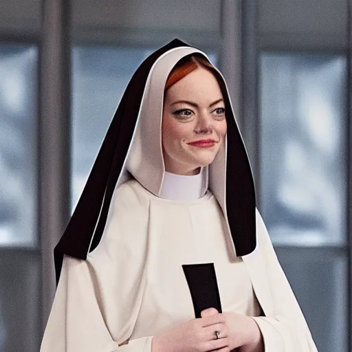 Image similar to A full body shot of Emma Stone wearing a nun dress , royality, high quality, fully detailed, 4k, in focus, detailed eyes