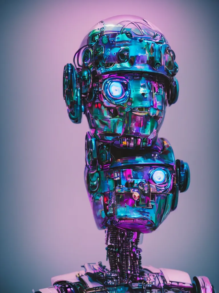 Prompt: medium shot of a peaceful friendly vibrant synthwave whimsical cyberpunk rustic robot head, sigma 55mm f/8