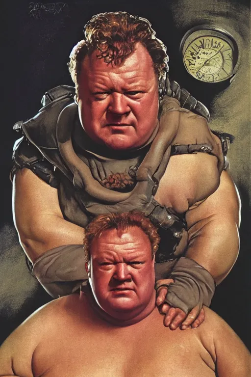 Image similar to dynamic upper body portrait of ray winstone as baron harkonnen in 1982 movie dune, by norman rockwell and boris vallejo