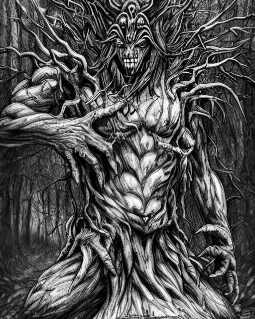 Image similar to A forest elemental, terrifying, black and white, fantasy art, monster art, in the style of masami kurumada, illustration, epic, fantasy, intricate, hyper detailed, artstation, concept art, smooth, sharp focus, ray tracing